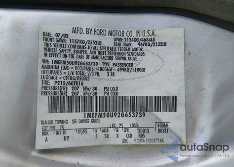 2002 Mercury Sable Gs from USA, damaged, VIN 1MEFM50U92G653739